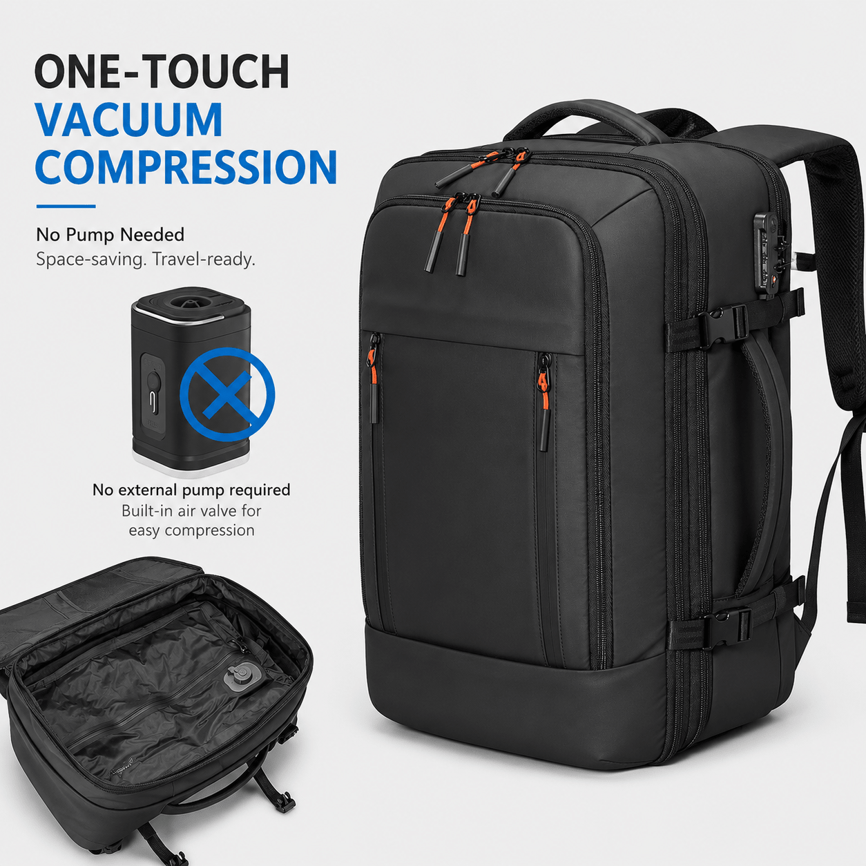 Vanta Eclipse Max 60L — One - Button Electric Compression Travel Backpack - Vanta