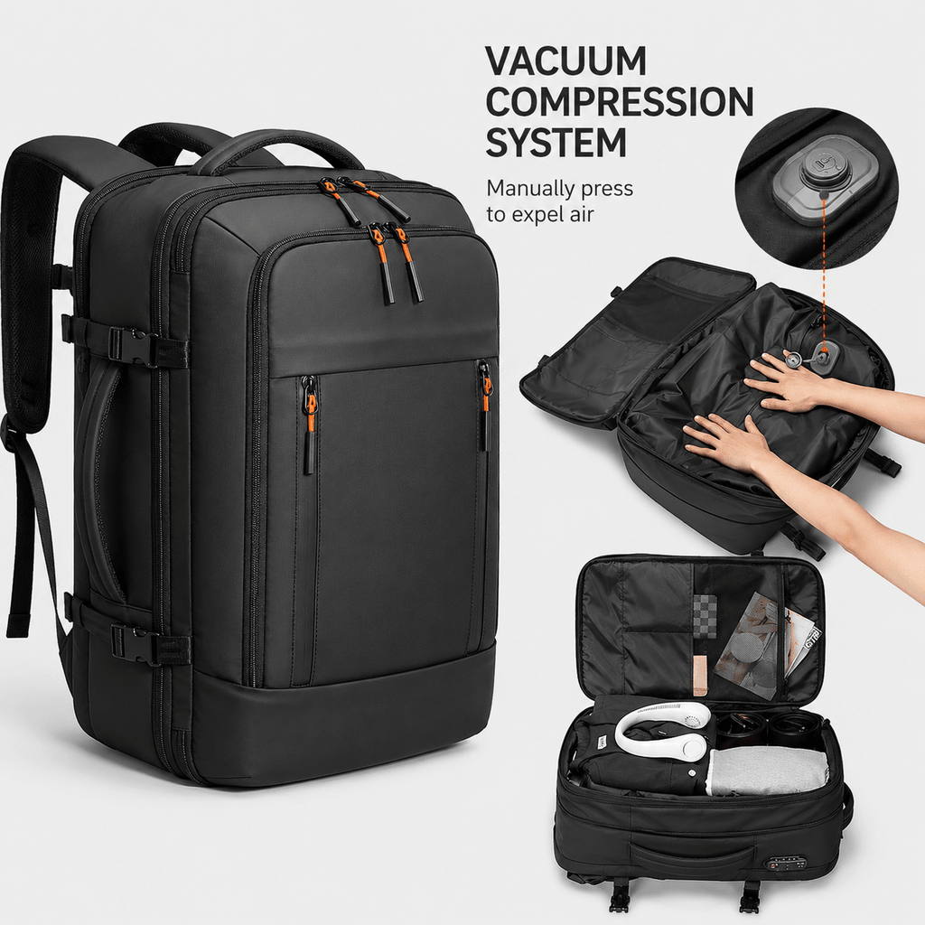 Vanta Eclipse Max 60L — One - Button Electric Compression Travel Backpack - Vanta