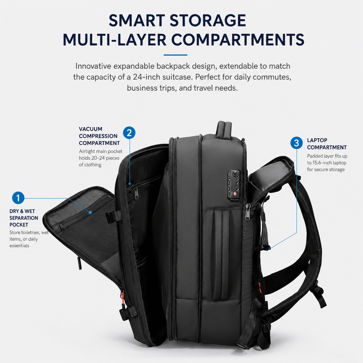 backpack with wet compartment laptop sleeve Full Opening Travel Hand Luggage Pocket Built with durable BANGE Anti-Theft Vacuum Compression Backpacks
