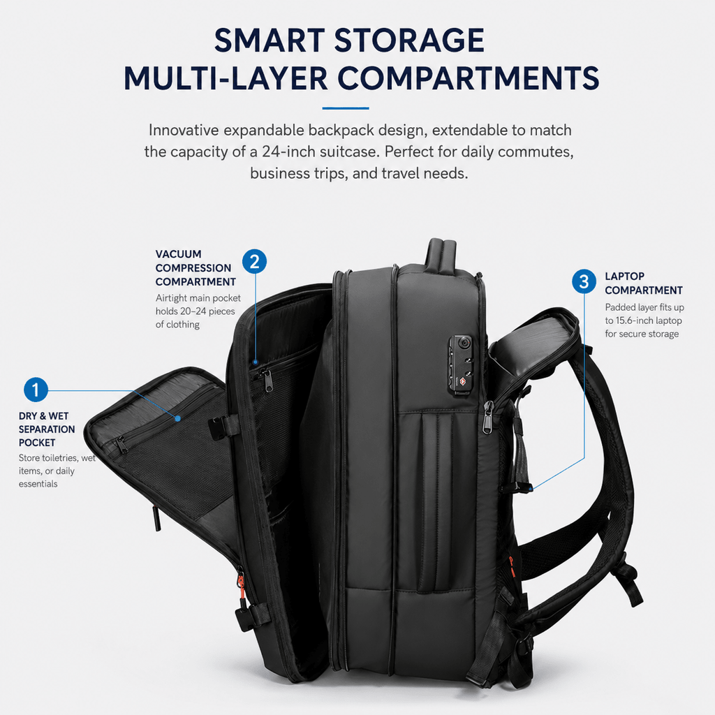 Vanta Eclipse Max 60L — One - Button Electric Compression Travel Backpack - Vanta