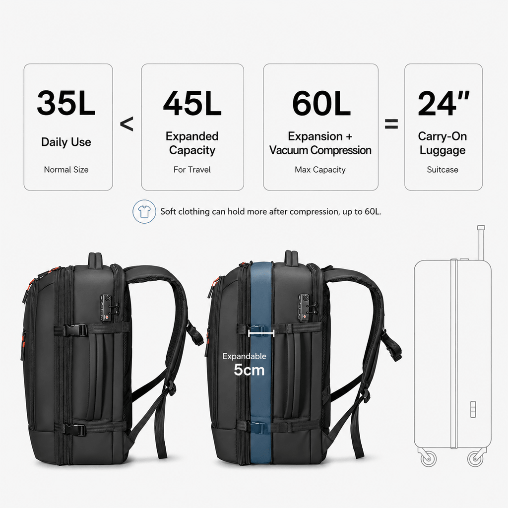 Vanta Eclipse Max 60L — One - Button Electric Compression Travel Backpack - Vanta