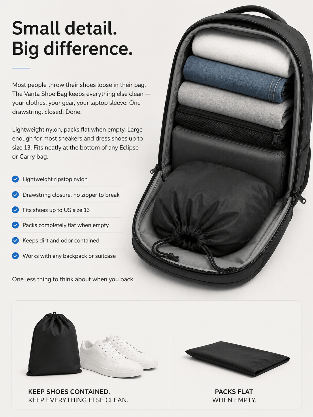 Vanta Travel Shoe Bag — Lightweight Drawstring Organizer - Vanta